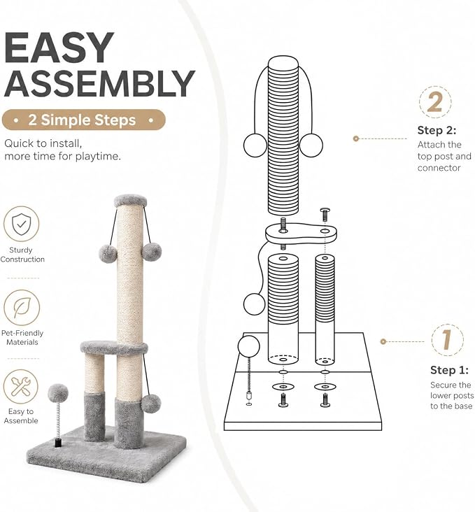 Dimaka Tall Cat Scratching Post, Double Lower Posts Extra Stable Cat Post Tree Scratcher with Sisal Rope and Teasing 4 Balls Total Large Base (Grey)