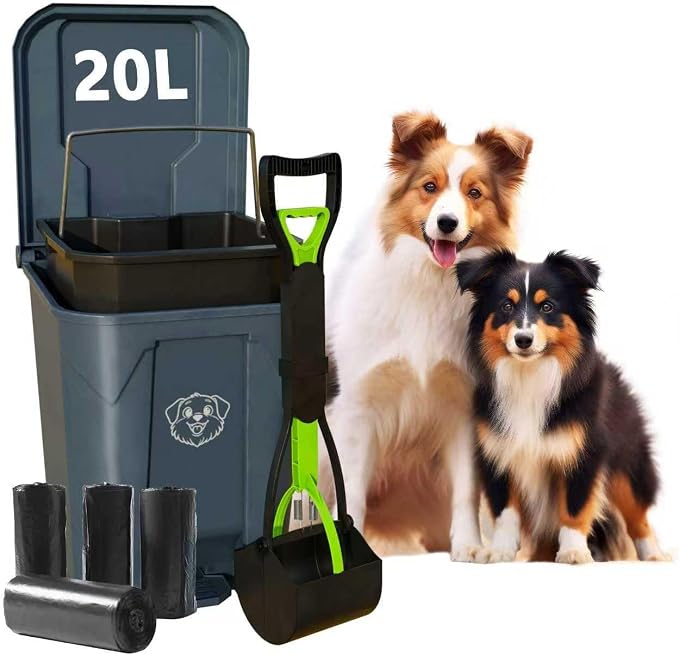 Outdoors Pet Waste Station 20L/5 Gallon Dog Poop Trash Can with Lid – Foot Pedal, Removable Inner Bin,Includes 200 Bonus Waste Bags & Long Handle Green Pooper Scooper