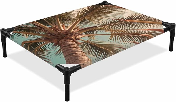 Outdoor Elevated Dog Bed for Large Dogs, Summer Palm Tree Breathable Cooling Raised Dog Cot for Indoor/Outdoor, Tropical Plants Botanical Trees Waterproof Elevated Pet Beds, L 28 x 22 in