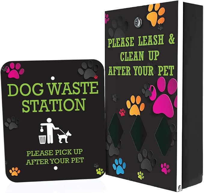 Zero Waste USA - DISPENSE-ART™ Mini Dog Waste Station - Colorful Paws | UV-printed aluminum bag station with 400 bags, 25% larger dispenser, installs beside existing trash cans, 10-year warranty