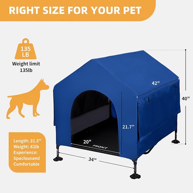 Dog House, 42” Large Dog Houses Outdoor Indoor Elevated Dog Cot Bed | 2-in-1 Outside Dog Tent Shade, Three-Sided Breathable Mesh Windows, Easy to Install, Waterproof Canopy, Non-Slip Feet