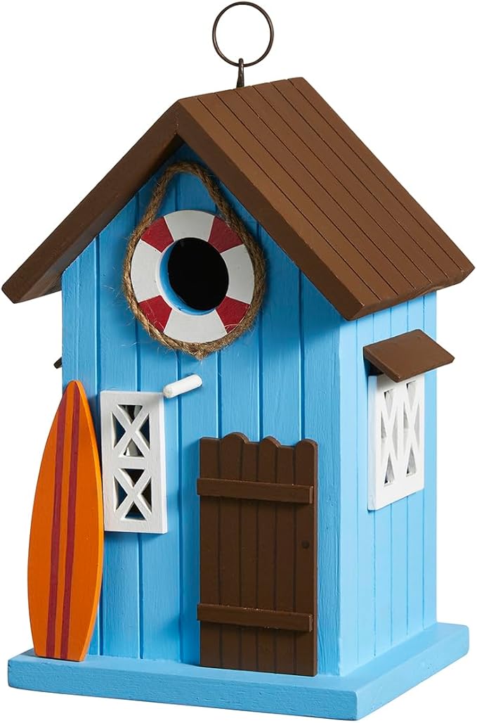 Glitzhome Blue Bird Houses for Outdoors, 10" H Modern Solid Wood Cottage Hand Painted Hanging Bird House Beach Hut Decorative Pet Cottage Outdoor Garden Birdhouse for Wren Finch Cardinals,Blue
