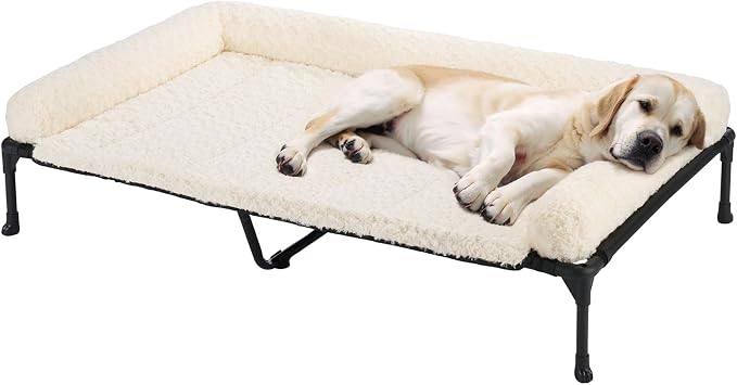 Veehoo Orthopedic Elevated Dog Bed Add Removable Deluxe Rose Plush Bolster Cushion Mat, 53" x 33" Washable Dog Couch Bed, Raised Pet Cot with Breathable Teslin Mesh, No-Slip Feet, White, CWC2439B