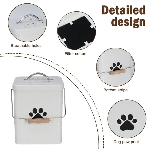 Small Dog Poop Trash Can Outside,1.5Gal/6L Metal Dog Waste Trash Can with Lid/Filter/Handle,Pet Waste Container Bucket with 75 Trash Bags-White