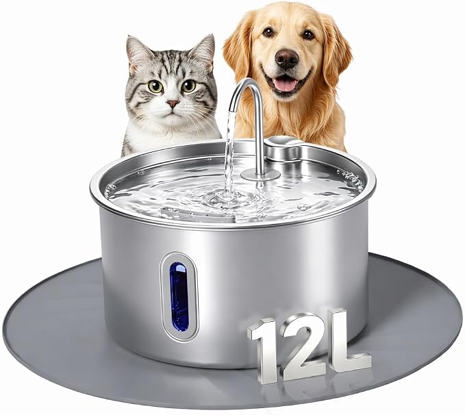 Stainless Steel Dog Water Fountain,12L/3.17Gal Large Capacity | Visible Water Window Window LED Alert Anti-Splash Feeding Mat for Multi-Pet Homes