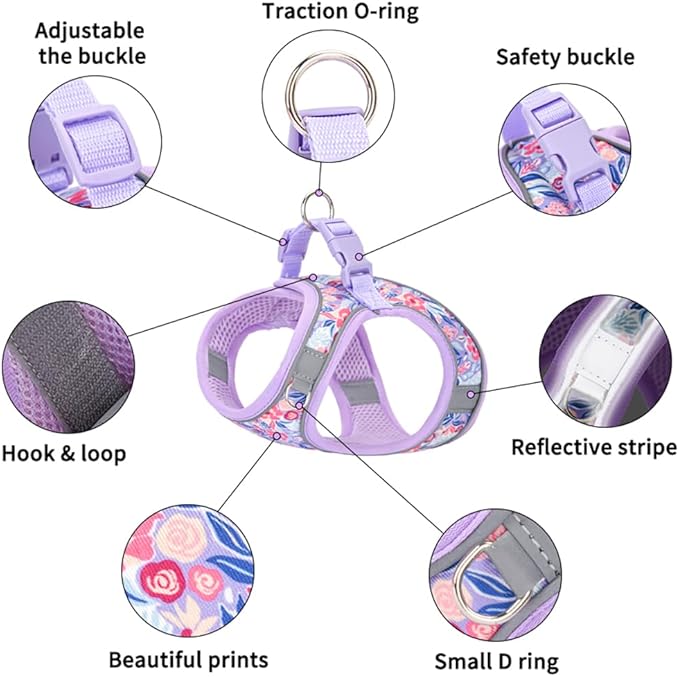 Step in Dog Harness and Leash Set, Flower Adjustable Easy Walk Puppy Harnesses, Soft Mesh Pet Vest Harness Small Size Dog Adjustable No Pull Harness for Small Medium Dogs(Lightpurple, M)
