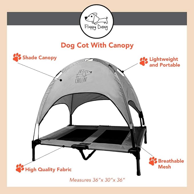 Floppy Dawg Just Chillin' Elevated Dog Bed. Cool Cot with Removable Canopy Shade. Indoor or Outdoor Pet Use. Lightweight and Portable. Chill in Style on Raised Breathable Mesh Fabric.