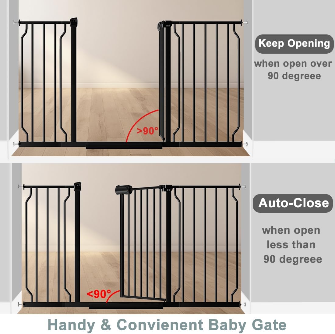 Fairy Baby Walk Through Black Baby Gate 29-34 Inch Wide, Pressure Mounted Safety Gate with Door No Drill, Tension Metal Gate for Dog and Toddler