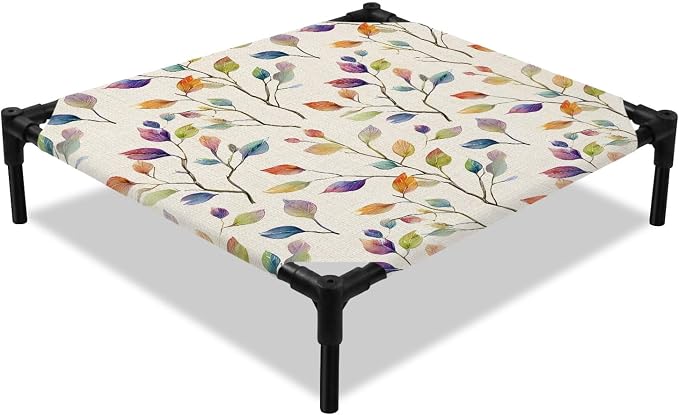 Outdoor Elevated Dog Bed for Small Dogs, Colorful Leaves Breathable Cooling Raised Dog Cot for Indoor/Outdoor, Farmhouse Branches Botanical Vintage Waterproof Elevated Pet Beds, S 20 x 20 in