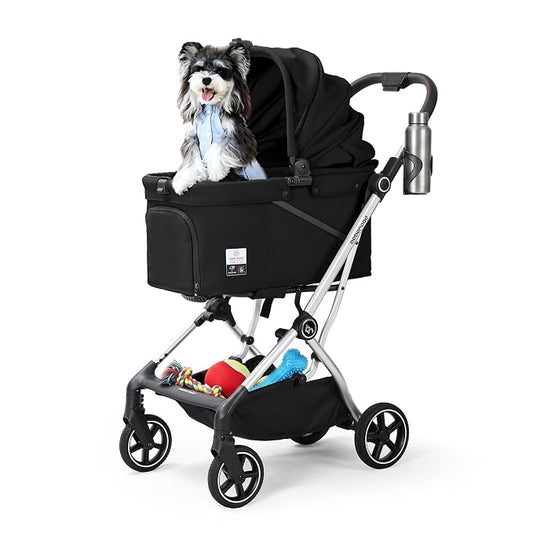 T4 Max Pet Stroller Dog Cat Stroller for Small Medium Dogs Cats, 4 Wheels Travel Folding Carrier Waterproof Puppy Stroller with Pad, Canopy and Cup Holder (T4 Max Black)