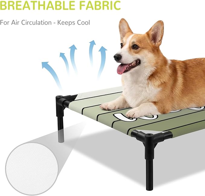Outdoor Elevated Dog Bed for Medium Dogs, Sage Green Wooden Grain Breathable Cooling Raised Dog Cot for Indoor/Outdoor, Gradient Farmhouse Wood Plank Waterproof Elevated Pet Beds, M 24 x 20 in