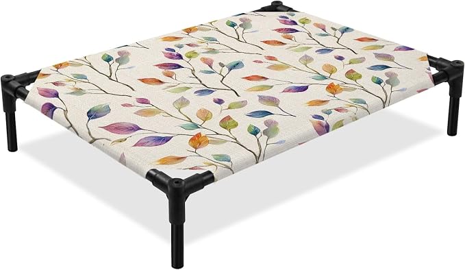 Outdoor Elevated Dog Bed for Large Dogs, Colorful Leaves Breathable Cooling Raised Dog Cot for Indoor/Outdoor, Farmhouse Branches Botanical Vintage Waterproof Elevated Pet Beds, L 28 x 22 in