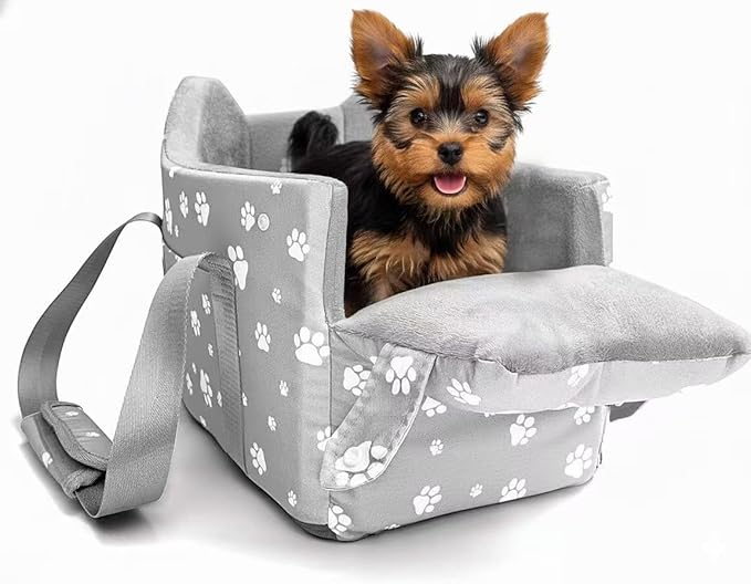 Center Console Dog Car Booster Seat for Small Dogs 0-15 lbs - Grey Pet Travel Carrier Safety Leash, Detachable Seat Belt & Storage Pockets