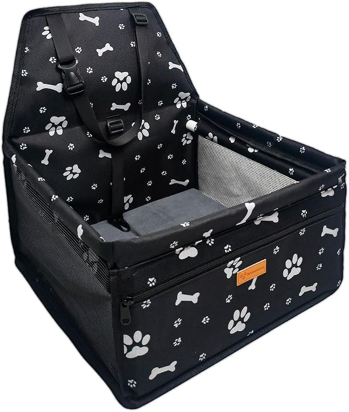 Pet Dog Booster Seat, Upgrading the Framed wall to Prevent Collapse，Breathable and Foldable Pet Car Basket，Removable andWashable pet car seat (Black Footprints)