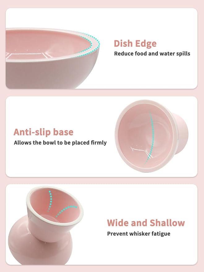 LoeJan Elevated Cat Food and Water Bowls Set, Extra Wide and Raised Ceramic Feeder, Anti-Vomit Whisker-Free Pressure Feeding Bowl for Kittens Adult Cats Small Dogs (Pink, Bowl Set)