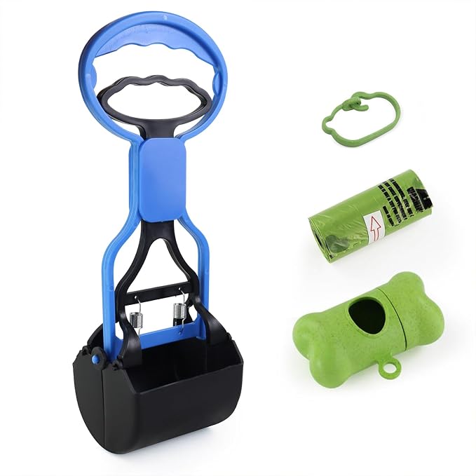 Andiker Dog Pooper Scooper with Short Handle, 10.23" Tall Dual-Spring Pet Pooper Scooper with 1 Roll of Dog Poop Bag and a Dispenser Easy to Use Dog Poop Scooper for Yard Picking Waste Up (Dark Blue)