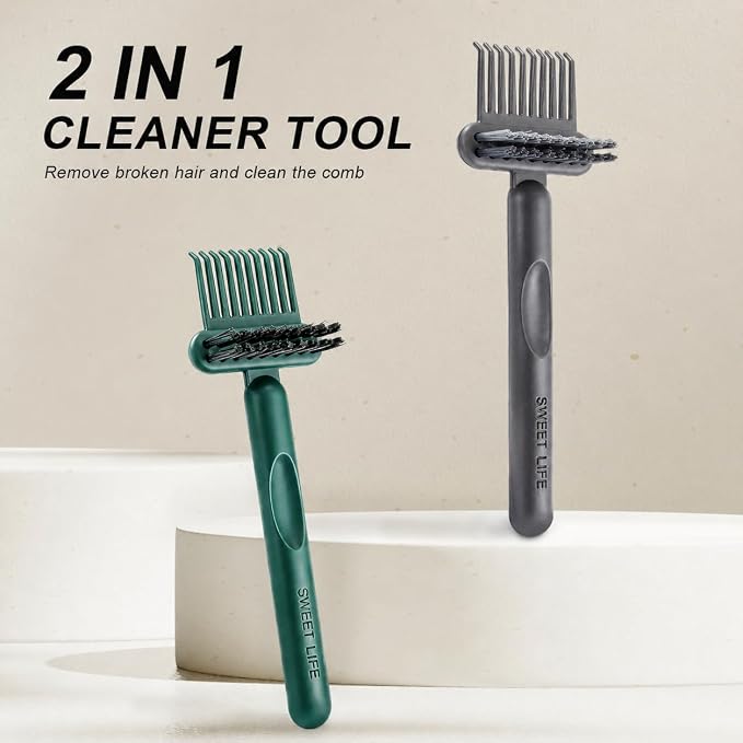 2 Pack Hair Brush Cleaning Tool, 2-in-1 Cleaner Tool, Portable Cleaning Tool Set for Brush Comb Keyboard, Remover Rake for Removing Hair Dust, Home and Salon Use(Green&Grey)