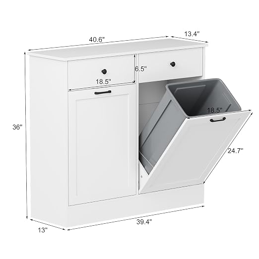CABIHOME Double Tilt-Out Trash Cabinet with Drawers & Deodorizer | 20 gal farmhouse wooden dual bin trash and recycling cabinet. Dog proof hidden waste station for kitchen or laundry.