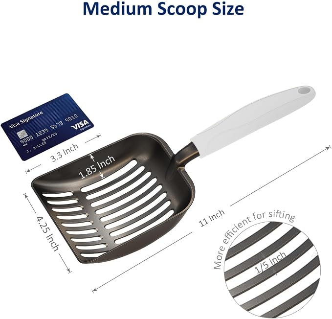 Cat Litter Scoop, Non-Stick Plated Aluminum Alloy Sifter, Kitty Durable Metal Scooper, Deep Shovel, Long Handle, Kitten Pooper Lifter, Size Medium, Coated Black Body with Grey Handle