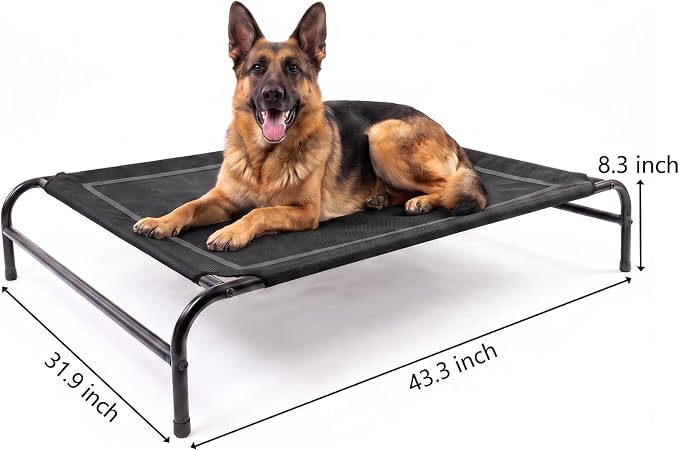 MICOOYO Outdoor Dog Bed, Elevated Dog Bed Raised Dogs Bed with Breathable & Washable Mesh, No-Slip Feet, Easy Clean, Chew Proof, Portable Dog Cot for Indoor & Outdoor Use, 47" x 31" x 9", Black