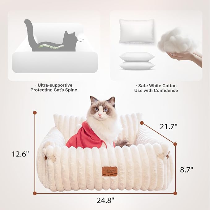 CHEERPALS Cat Couch Bed for Indoor Cats Fluffy Cat Sofa Recliner with Removable Washable Cover Cute Pet Lounge Suitable for Puppy Kitten (Off-White)