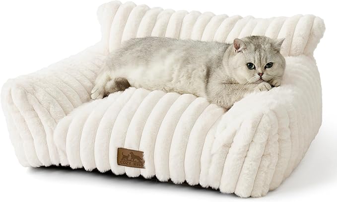 COZY KISS Cute Cat Couch, Fluffy Sofa Bed for Cats and Small Dogs, Premium Faux Rabbit Fur Cats beds for Indoor Cat, Ultra-Soft Supportive Pet Couch Furniture (Cream, S: 25.5''x17.5'')