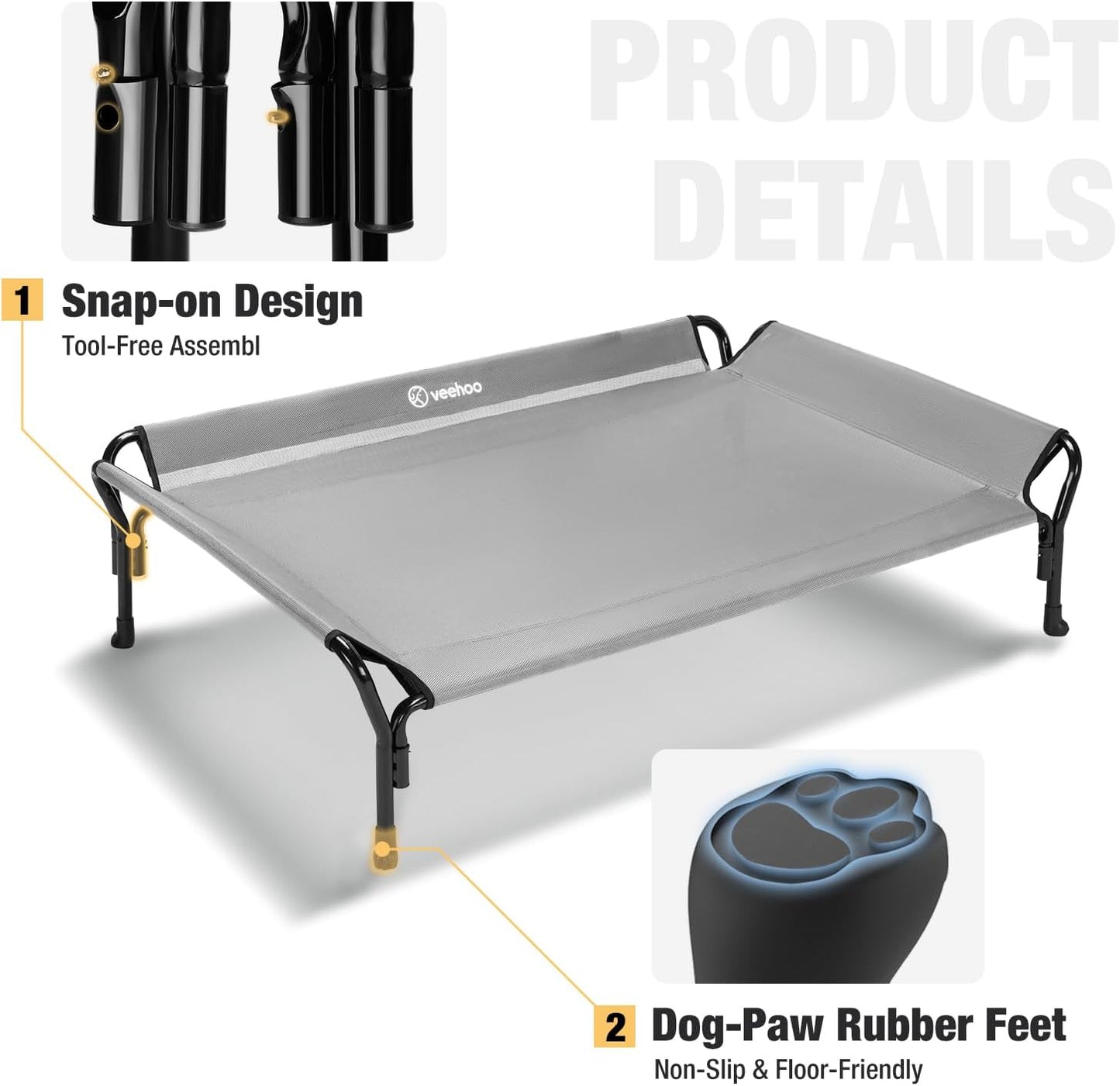 Veehoo Cooling Elevated Dog Bed, Raised Pet Cot with Guardrail & Slope Headrest, Durable Breathable Teslin Mesh, Non-Slip Feet, Washable Dog Couch Bed for Indoor & Outdoor, Large 47" x 32", Gray