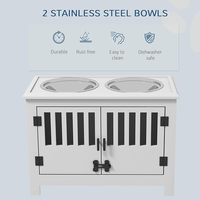 PawHut Large Elevated Dog Bowls with Storage Cabinet - 37L Capacity, Raised Dog Bowl Stand Feeding Station, White | Raised Dog Bowl Stand Pet Food Bowl Dog Feeding Station