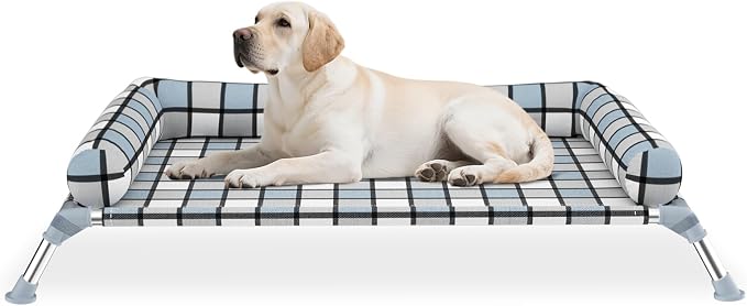 Elevated Dog Bed with Bolster,Portable Raised Lifted Pillow Pet Cot Beds | Breathable Fabric Dogs Hammock Bed for Indoor & Outdoor, Stainless Steel Frame, Anti-Slip Feet