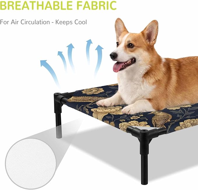 Outdoor Elevated Dog Bed for Medium Dogs, Vintage Flowers Breathable Cooling Raised Dog Cot for Indoor/Outdoor, Birds on Branch Floral Elegant Plants Waterproof Elevated Pet Beds, M 24 x 20 in