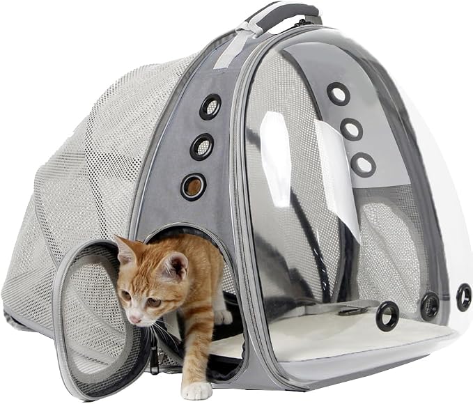 Back Expandable Cat Backpack Carrier, Fit up to 12 lbs, Space Capsule Bubble Window Pet Carrier Backpack for Kitten Bunny Rabbie and Small Puppy Grey
