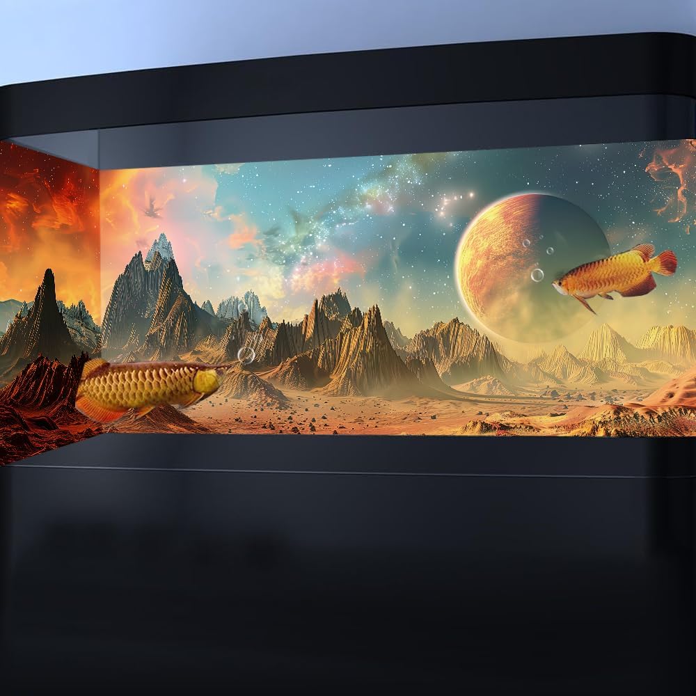 Cosmic Aquarium Background,Cool Galaxy Parallel Space Themed Fish Tank Background, Tropical Desert Terrarium Background 48X18IN with 8 EVA Double-Sided Tape