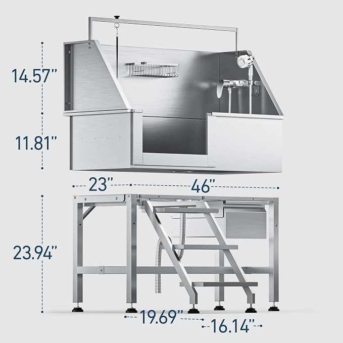 46" Dog Washing Station, 304 Stainless Steel, 440 lb, Side Step | hot cold faucet, fixed sprayer, shampoo dispenser, storage drawer, S-trap, hair filter, garage outdoor grooming