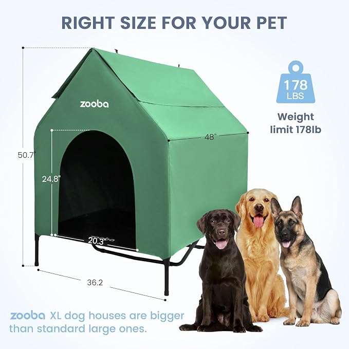 Zooba 48in XL Dog House Outdoor, Elevated Dog Bed with Canopy, Green | Weather-resistant 600D PVC canopy, breathable 2x1 Textilene elevated bed, steel frame; indoor or outdoor; easy to clean