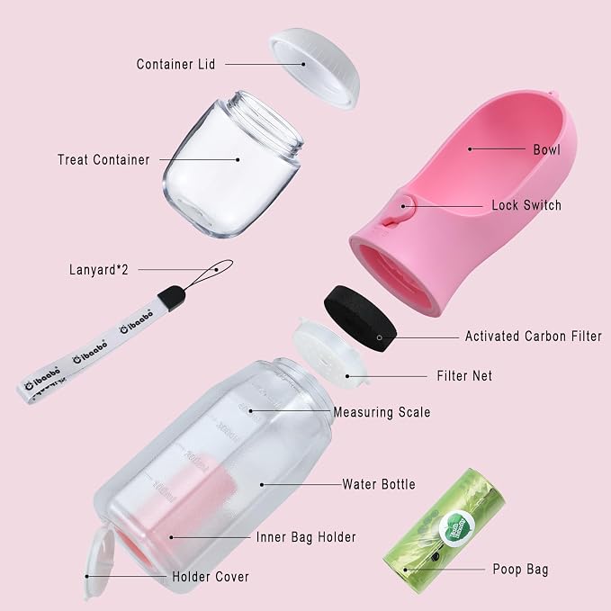Cibaabo Dog Water Bottle with Food Container & Poop Bag Holder, Travel Water Bowl, Portable Pet Dispenser, Dog Gifts Stuff Accessories Items, Puppy Essentials for Yorkie Chihuahua Walking Hiking