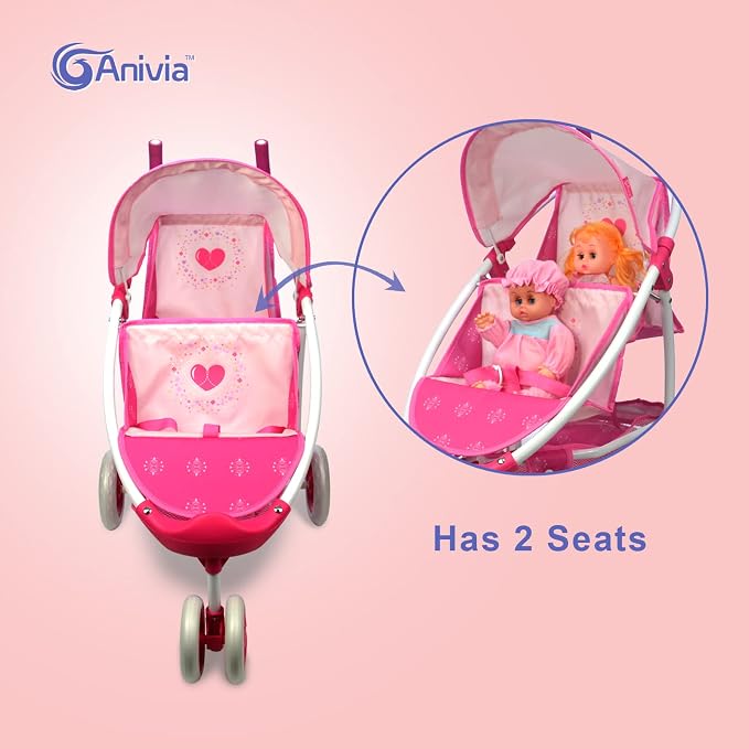 ANIVIA Twin Doll Stroller Heart Design, 1:1 Foldable Double Doll Pram, Suitable for Ages 3+, Dolls Up to 36cm, Pink, DA601T Black
