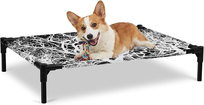 Outdoor Elevated Dog Bed for Large Dogs, Modern Tree Branches Breathable Cooling Raised Dog Cot for Indoor/Outdoor, Contemporary Black Botanical Waterproof Elevated Pet Beds, L 28 x 22 in