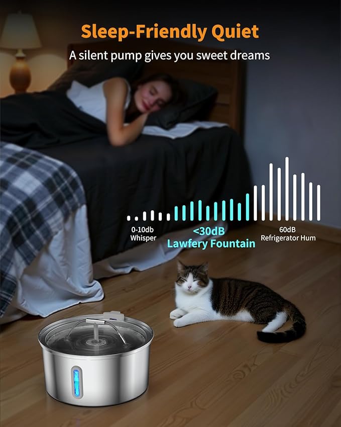Lawfery Cat Water Fountain Stainless Steel, 0.8gal/108oz Automatic Cat Drinking Fountain with 3 Filters, Pet Water Dispenser with Quiet Pump, Suitable for Cats, Dogs and Multi-pet households