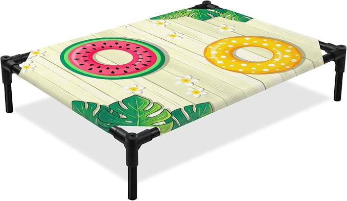 Outdoor Elevated Dog Bed for Large Dogs, Summer Swimming Rings Breathable Cooling Raised Dog Cot for Indoor/Outdoor, Floral Plumeria Yellow Wooden Waterproof Elevated Pet Beds, L 28 x 22 in