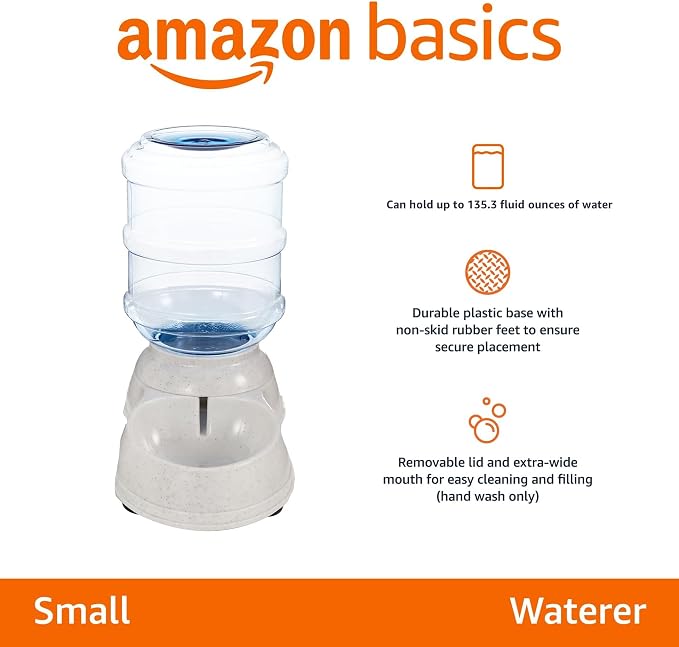 Amazon Basics Gravity Pet Water Dispenser for Cat and Dog, Easy to Clean, 135.3fl.oz Capacity, Small