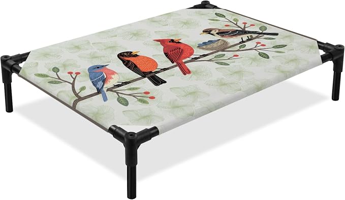 Outdoor Elevated Dog Bed for Medium Dogs, Rustic Cardinal Bird Breathable Cooling Raised Dog Cot for Indoor/Outdoor, Green Leaves Branches Country Berries Waterproof Elevated Pet Beds, M 24 x 20 in