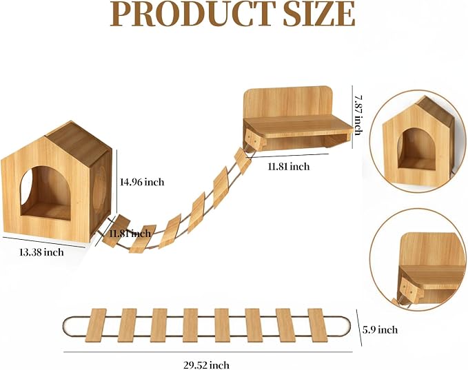 Unfinished Solid Pine Cat Wall Set - Natural Wood Cat House, Bridge & Perch Shelf | 3-Piece Wall-Mounted Climbing & Lounging Furniture for Indoor Cats