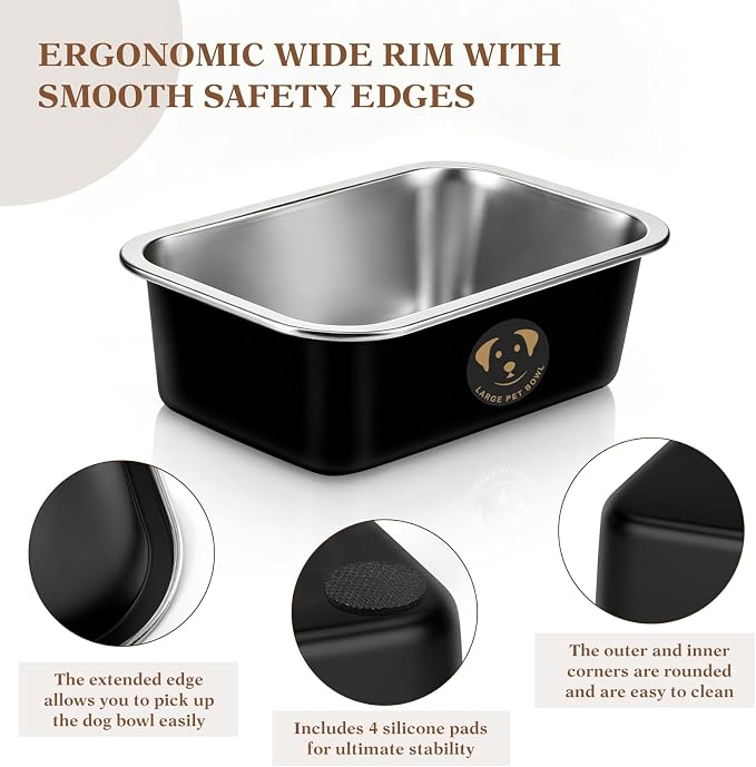 Large Stainless Steel Dog Water Bowl, High Capacity Metal Dog Food Bowls, Outdoor Dog Bowl Food and Water, Medium, Large, X-Large, and Big Dogs & Cat, Black,1.25 Gallons