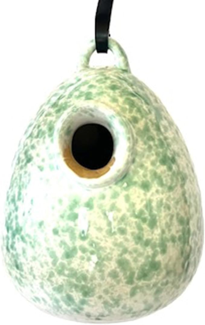 Byer of Maine Egg Bird Home for Small Songbirds, Meadow Green, High Fired Porcelain Stoneware, Ceramic Bird House, Glaze Finish, with Forged Steel Hook