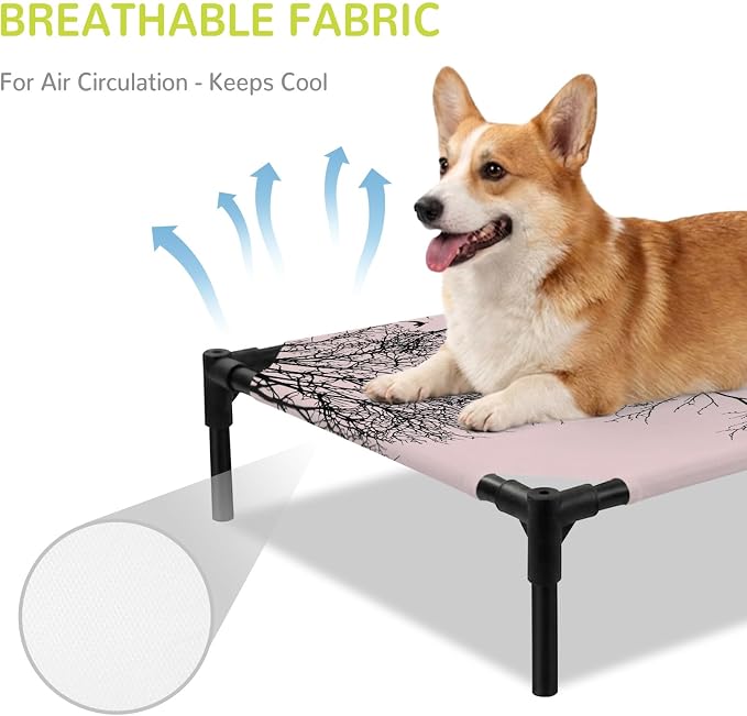 Outdoor Elevated Dog Bed for Medium Dogs, Pink Black Branches Breathable Cooling Raised Dog Cot for Indoor/Outdoor, Botanical Dead Tree Birds Waterproof Elevated Pet Beds, M 24 x 20 in