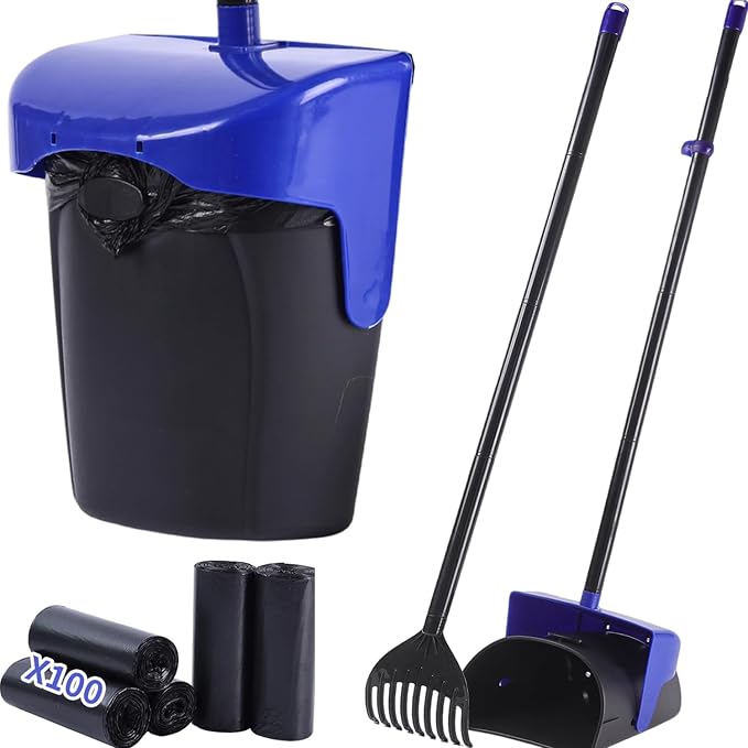 ienjoyed 43" Tall Pooper Scooper Large Swivel Bin & Rake with 100 Waste Bags,Heavy Duty Dog Pooper Scooper for Dogs, Long Handle Poop Scooper with Lid for Yard, Grass, Gravel (Blue)