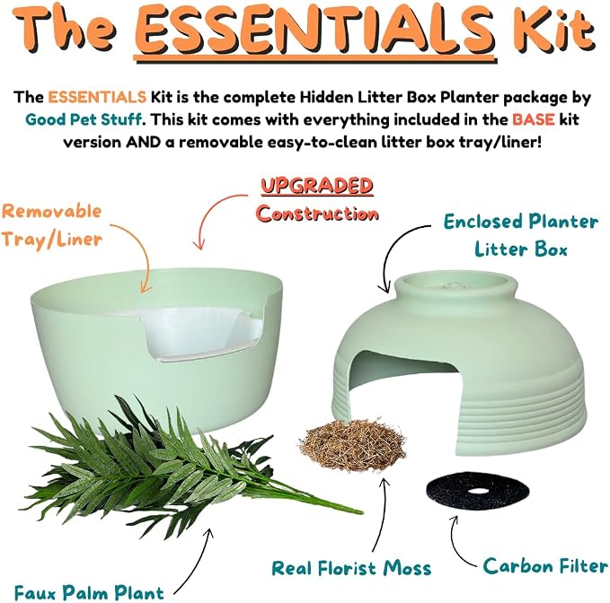 Good Pet Stuff Original Hidden Litter Box Planter, Decorative Cat Litter Enclosure with Carbon Filter, Artificial Palm Plant, Upgraded Design, Easy Clean Litter Tray, Essentials Kit, Seagrass Green