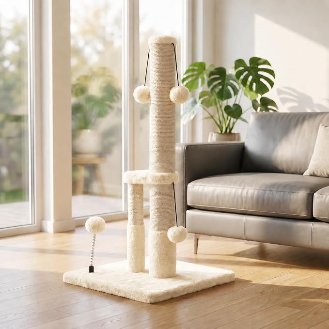 Dimaka Tall Cat Scratching Post, Double Lower Posts Extra Stable Cat Post Tree Scratcher with Sisal Rope and Teasing 4 Balls Total Large Base (Beige)