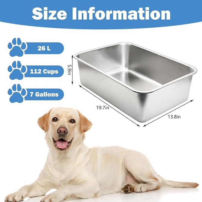Fhiny 7 Gallon Stainless Steel Dog Water Bowl, Extra Large Capacity Dog Water and Food Bowl, Metal Pet Feeding Bowl for Indoor and Outdoor Use for Large Breed Pets（19.7 x 13.8 x 5.9 in）
