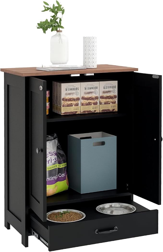 PawHut Pet Feeding Station Elevated Dog Bowls for Medium Sized Breed Black | Dog Food Storage Cabinet, Hidden Bowls, Adjustable Panel, Hooks